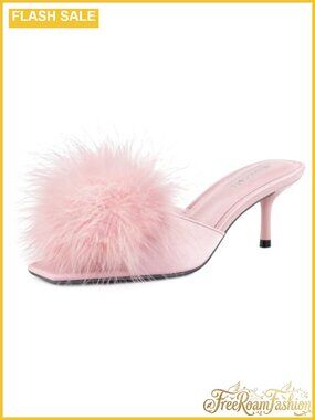 Women's Fluffy Feather Heeled Sandals Square Open Toe Stiletto High Heels Satin